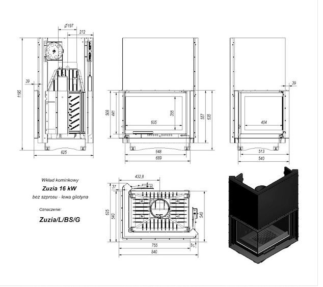 Каминная топка Kratki Zuzia/L/BS/G (угловое стекло слева, гильотина)