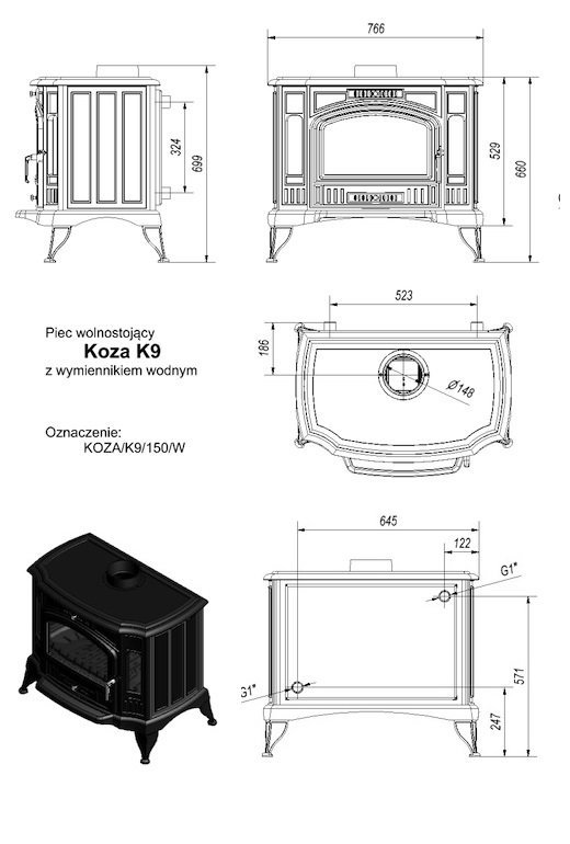 Печь-камин Kratki KOZA/K9/150/PW/W с теплообменником