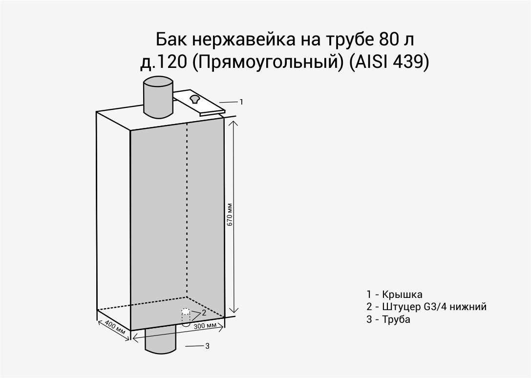 Труба дымоход Везувий бак нержавейка на трубе 80л д.120 (прямоугольный) (AISI 439)