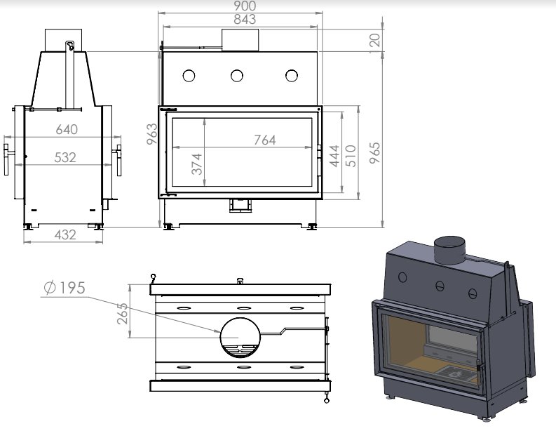 Каминная топка ECHA-TECH ECT Double, 90x51/C , 900/510 туннель, футеровка чугун